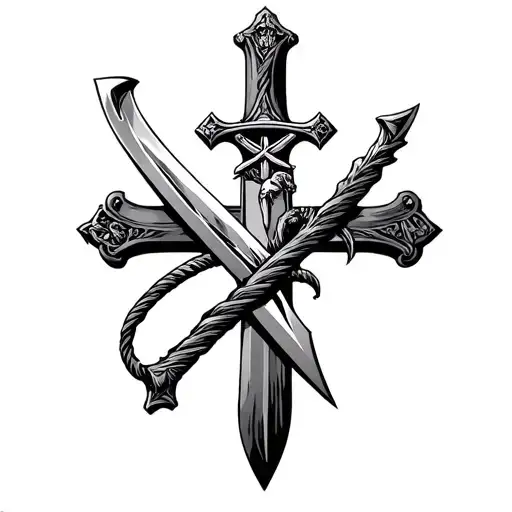 double bladed sword intertwined with the cross of jesus tattoo design idea