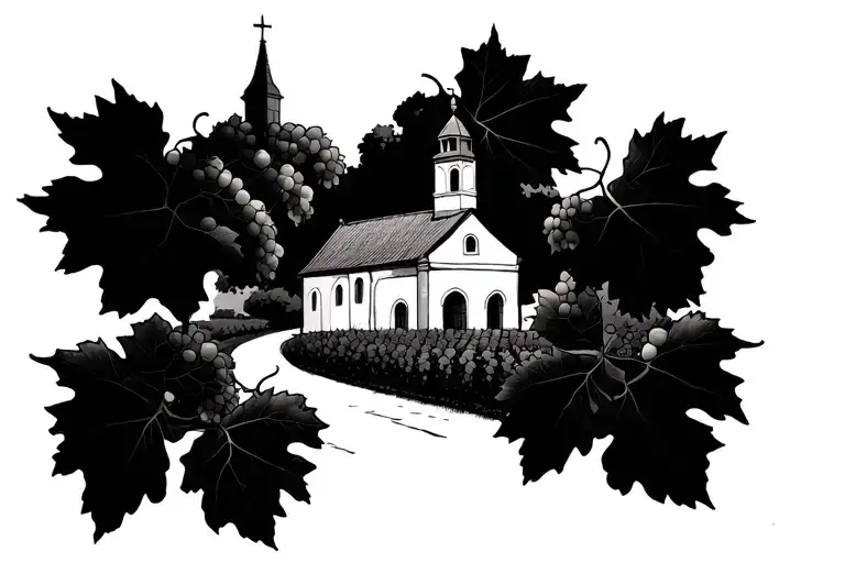 grape vines, Italian landscape, Small church tattoo design idea