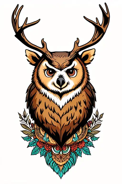 bear and owl and deer head tattoo design idea