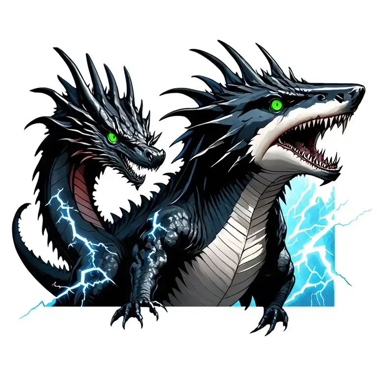 a Black dragon with bright green eyes surrounded by lightning and a silver shark with bright blue eyes tattoo design idea