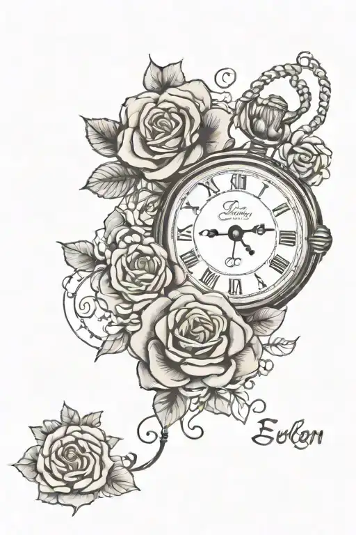 rose, pocket watch and name Evelyn in cursive letters tattoo design idea