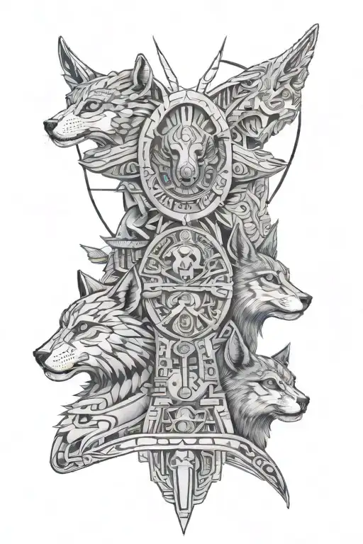 Egyptian gods, hieroglyphs, cats, wolves, nature 3D tattoo design idea