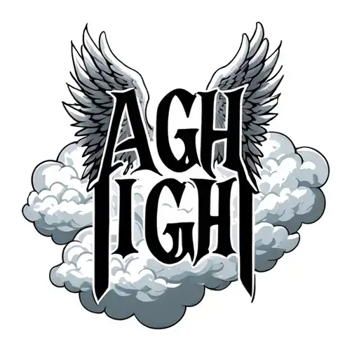 "AGH IGH" angel wings either side of text floating on clouds tattoo design idea