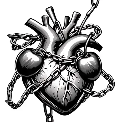 two cherries next to heart organ with chains wrapped around squeezing the middle tight tattoo design tattoo design idea