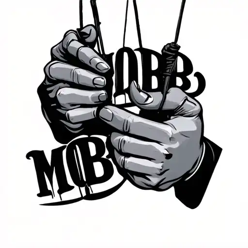 puppet hands holding strings with the words MOBB in The Godfather font tattoo design idea