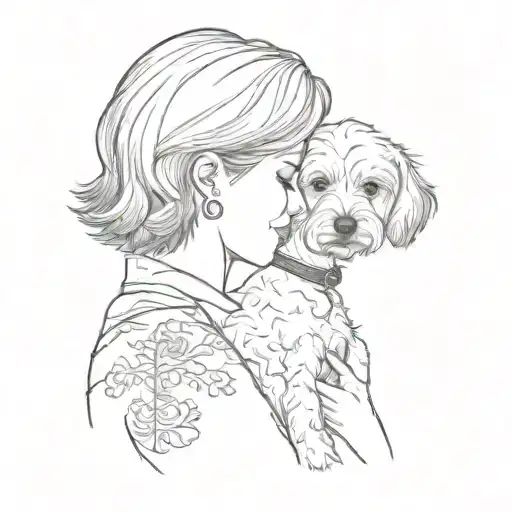 side profile Woman with short hair and closed eyes holding a maltese dog.  tattoo design idea