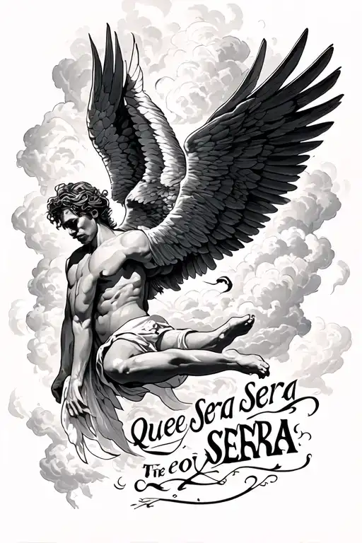 icarus falling from the sky with que sera sera written  tattoo design idea