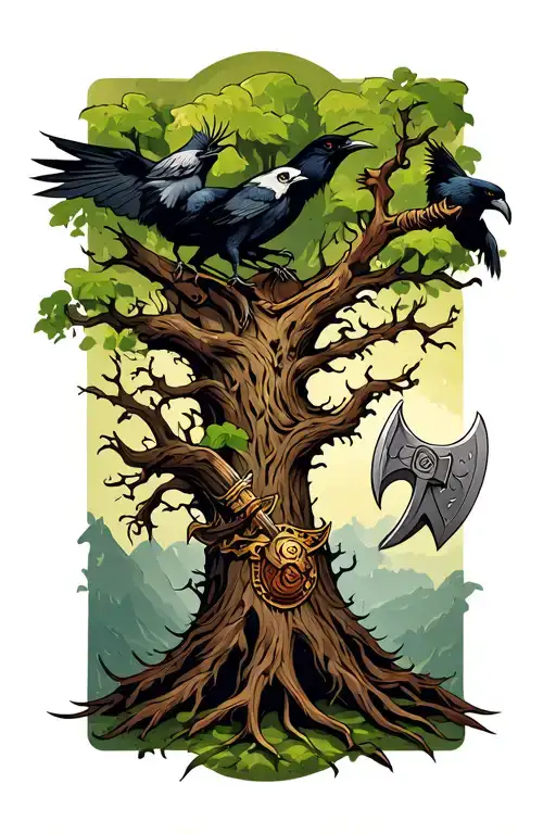 poison tree with fenrir and a viking axe with odens crows tattoo design idea