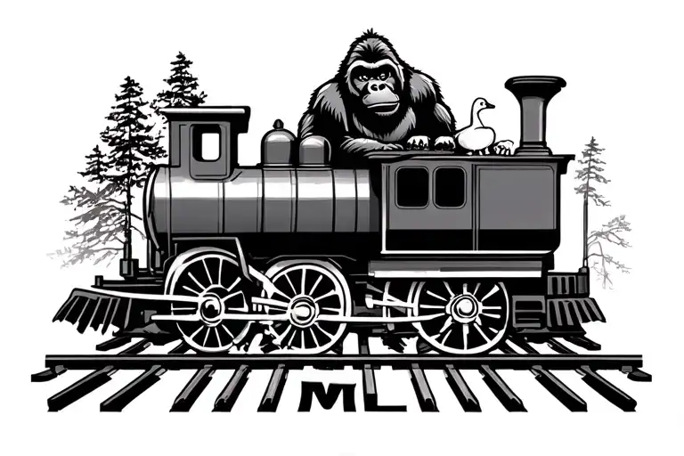 a train on the tracks with the track trail forming the word "family" ,riding on the train will be a gorilla and a goose tattoo design idea