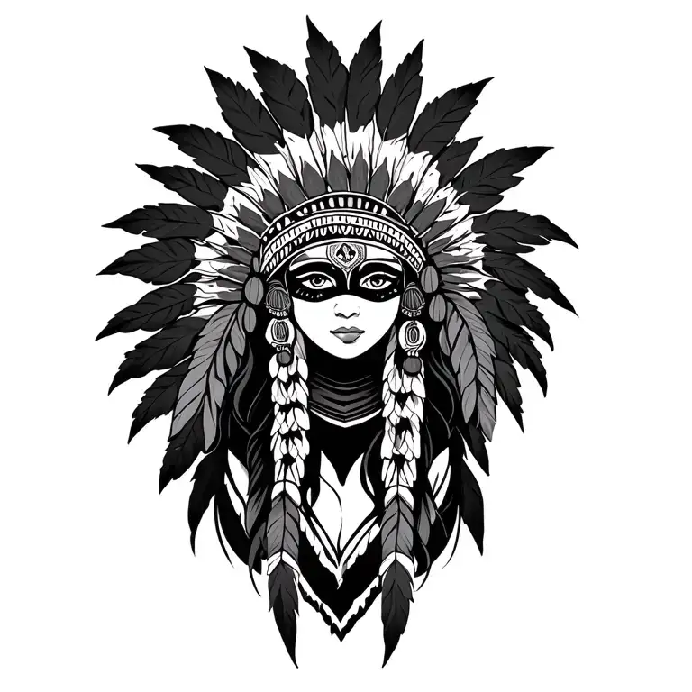 masked girl with Indian headdress tattoo design idea