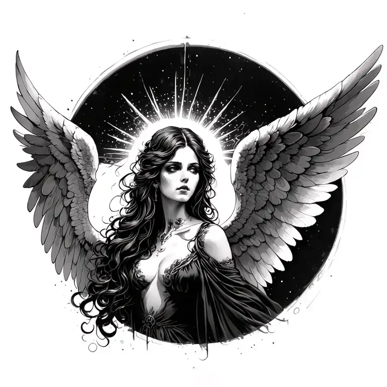 imagine prompt: black and white tattoo sketch of a gothic angel woman with large wings, flowing hair, glowing halo above tattoo design idea