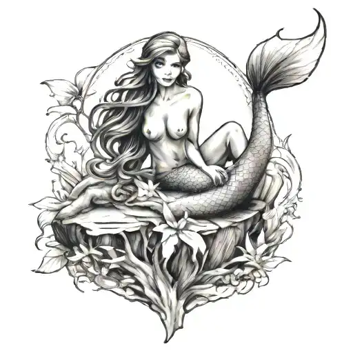 mermaid on rock tattoo design idea