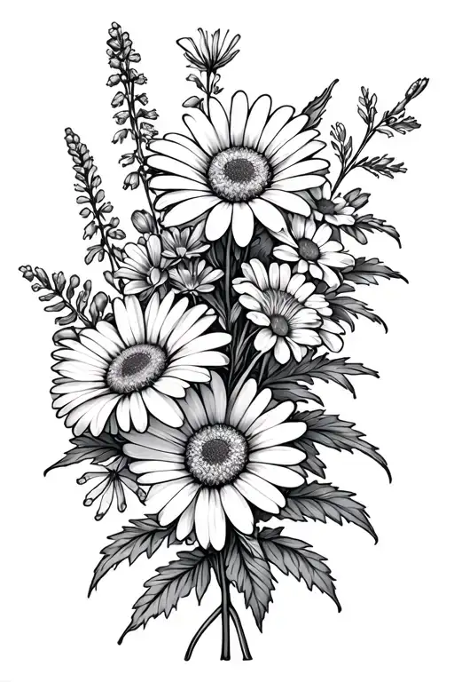 bouquet with a daisy, larkspur, carnation, aster, tattoo design idea
