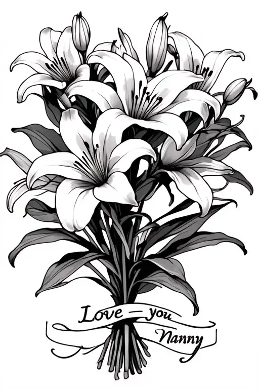 a bouque of lilies with I love you nanny under the stem  tattoo design idea