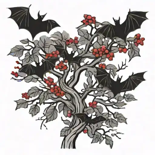 red poison tree with black bats flying tattoo design idea