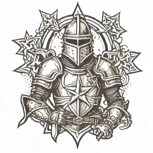 a knight in a heavy helmet and armor, holding a morning star in his hands, tattoo design idea