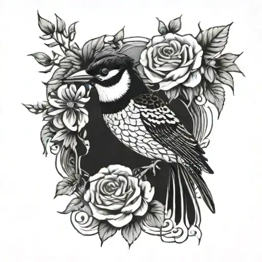 rose and woodpecker sitting tattoo design idea