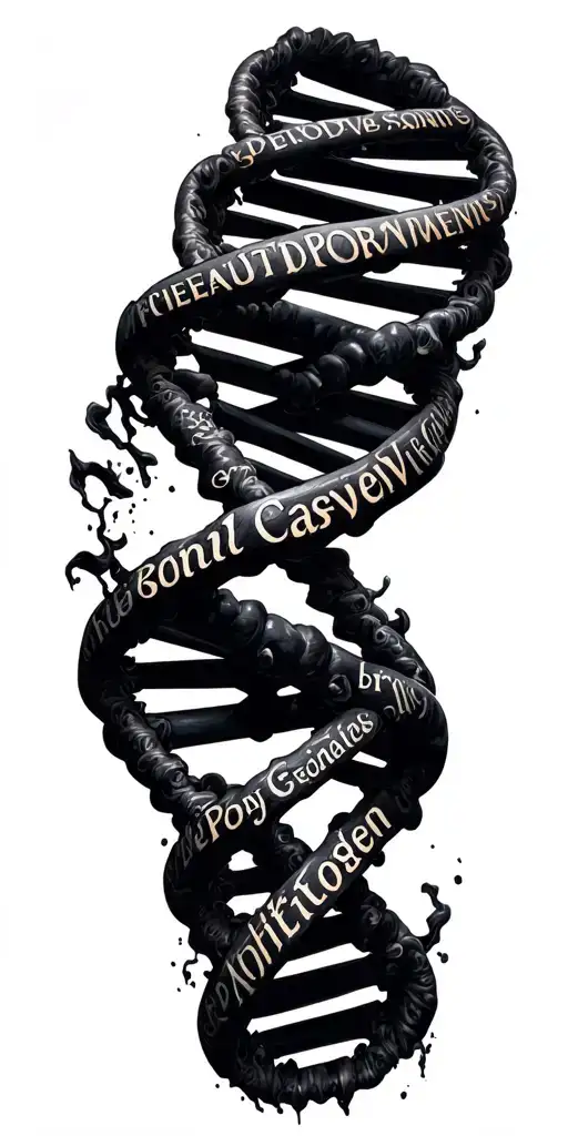DNA double helix made of words power posion pain joy royalty loyalty tattoo design idea