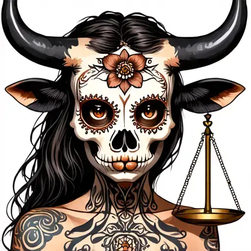 woman body bull with sugar skull markings, brown eyes and two Libra scales with extra dark background tattoo design idea