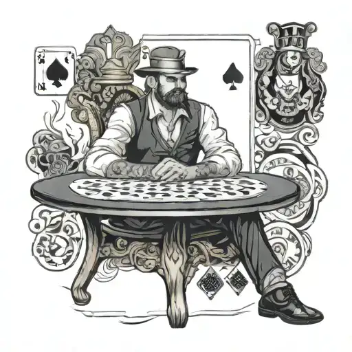 a blackjack dealer sitting on a blackjack table.On the table there are two cards ace and king tattoo design idea