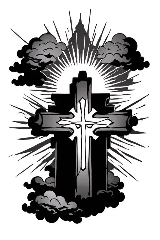 three crosses with clouds and sunrays radiating outwards tattoo design idea