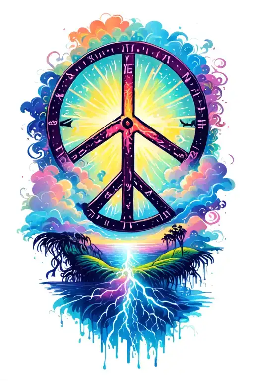 peace and lightining storm and time and nature tattoo design idea