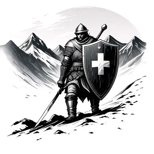 a swiss warrior with a peak walking out of a shadow wiht a swiss shield in the bakgroubd also mountains tattoo design idea