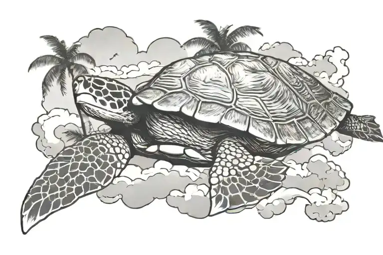 turtle, palm tree and clouds tattoo design idea