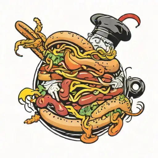 the name Arthur surrounded with hot dogs tattoo design idea