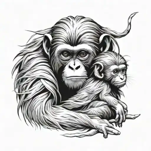 Make me and golden lion tamarin mother and child. Include a heart made from R and M. tattoo design idea