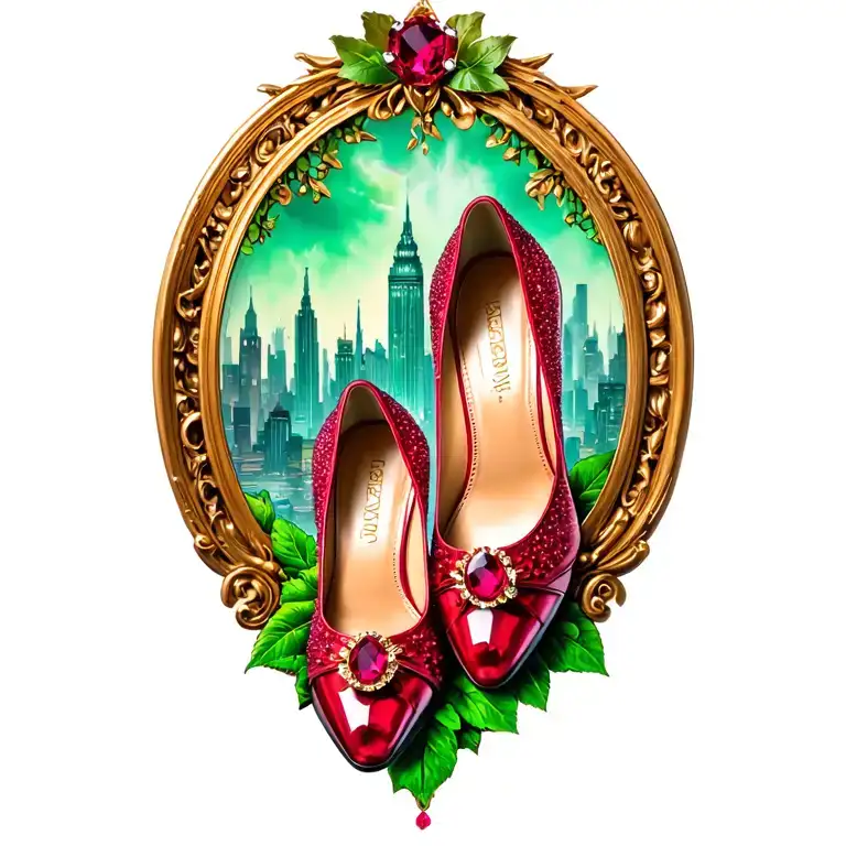 low heal ruby slippers with emerald city in background tattoo design idea