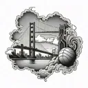 Golden Gate Bridge connected to bay bridge with clouds in the back and basketball in sky and senegal flag in the back   tattoo design idea