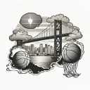 Golden Gate Bridge connected to bay bridge with clouds in the back and basketball in sky and senegal flag in the back   tattoo design idea
