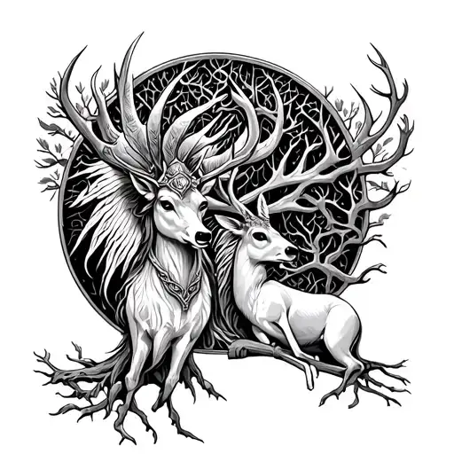 skadi or valkyrie god with squirel, deer, tree of life, jormongandr, norse mythology tattoo design idea