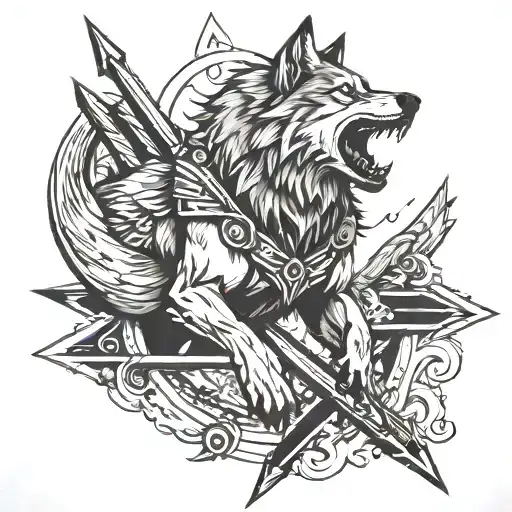 wolf with spartans running into arrows tattoo design idea