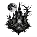 vampire werewolf graveyard candle burning castle moon dead tree tattoo design idea