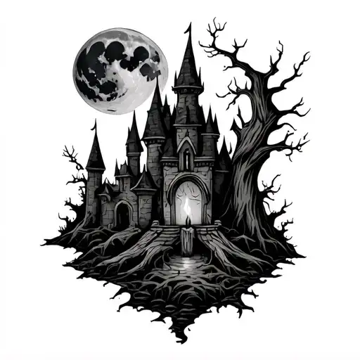 vampire werewolf graveyard candle burning castle moon dead tree tattoo design idea