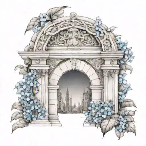 Renaissance arch with small and filigrane forget me nots and two lizzards tattoo design idea