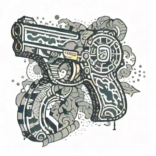 A money symbol morphing into a gun with a camouflage pattern tattoo design idea