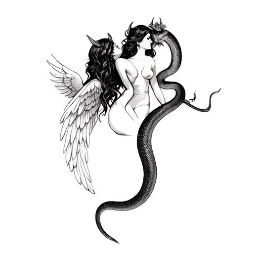 sexy angel friends with snake earthy feminine demon in morning glory tattoo design idea