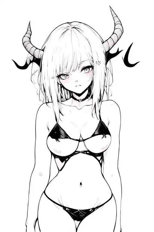 Sexy Pale anime Girl, Petite, Big Boobs, Wide Hips, G-string. Messy Hair, Demonic Horns, Sexual pose Tattoo tattoo design idea