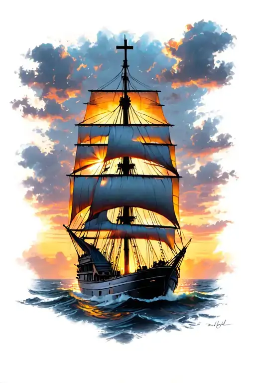 sun setting, ship sailing towards hell , a cross tattoo design idea