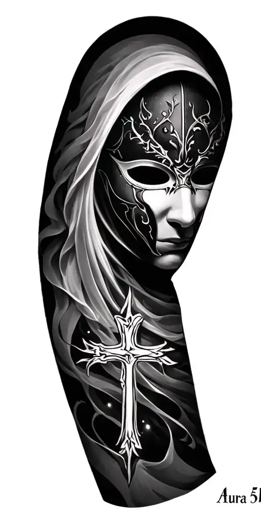 make a sleeve tatto o word "Aura 51" with a cross tattoo ang mask design tattoo design idea