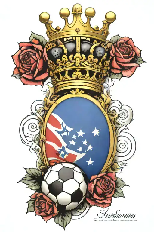 forearm sleeve tattoo of 1 soccer ball with crown, theme of french american heritage flags and roses around, into clouds tattoo design idea