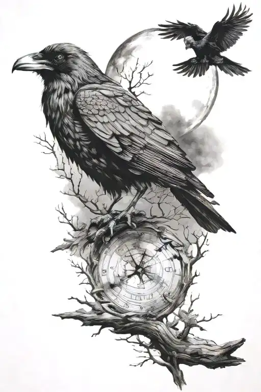 the raven and the wolf and the moon tattoo design idea