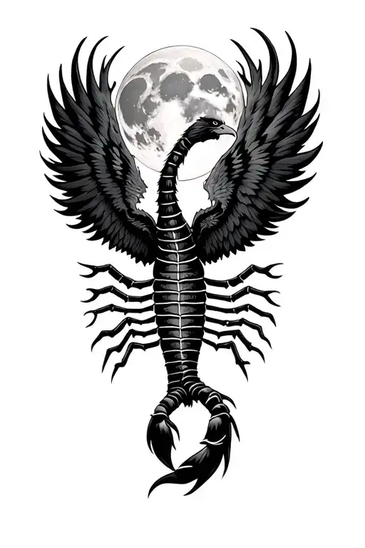 Scorpion Eagle Phoenix rising from flames moon behind tattoo design idea