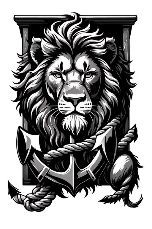 a kind lion in black and white style with an anchor and a mooring rope tattoo design idea