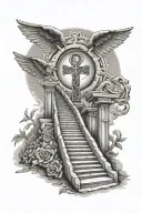 stairs leading into heaven with ankh symbol with eye of Horus and verse Isaiah 40:31 tattoo design idea