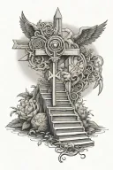 stairs leading into heaven with ankh symbol with eye of Horus and verse Isaiah 40:31 tattoo design idea