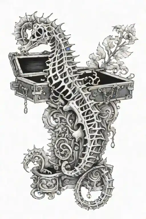 seahorse skeleton with tail wrapped around treasure chest tattoo design idea